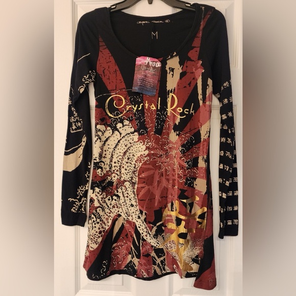 Christian Audigier Crystal Rock Tuni Tsunami Women Black Graphic Top Size Medium - Picture 2 of 11